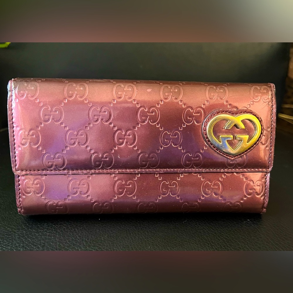 Gucci Guccisima Lovely Heart Long Wallet in metallic burgundy purple